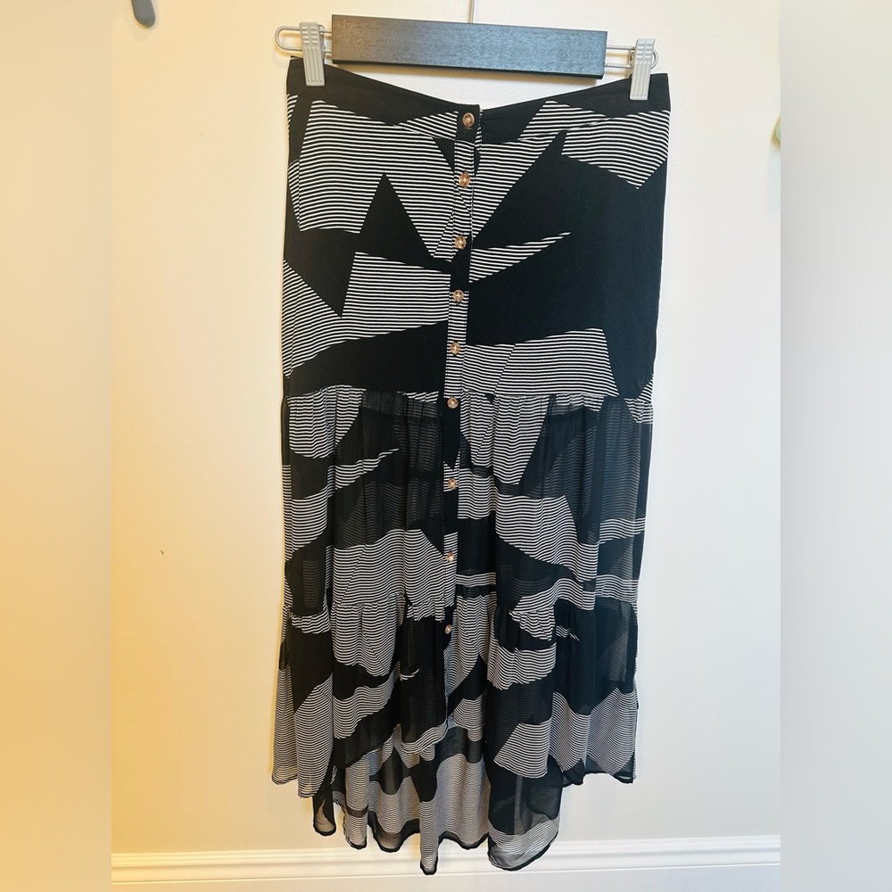 Volcom Button Down Half Sheer Black and White Geometric Patterned Skirt
